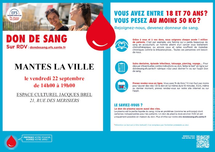 Collecte de sang à Mantes-la-Ville le 22/09/2023