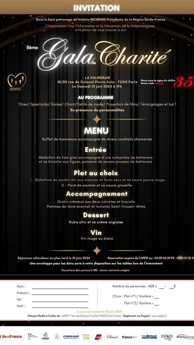 Menu du Gala de charité de l'APIPD du 15/06/2024