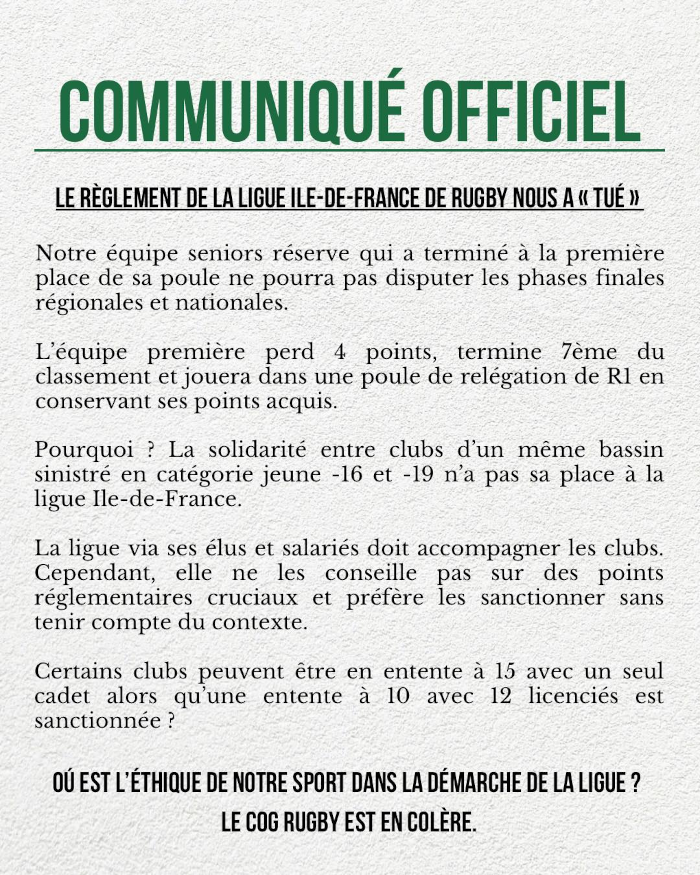 Le COG Rugby de Gargenville (78) en colère