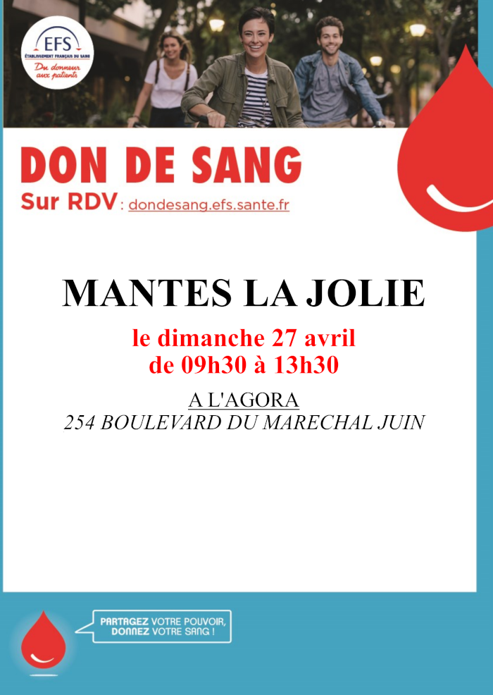 Don de sang à Mantes-la-Jolie le 27/04/2025
