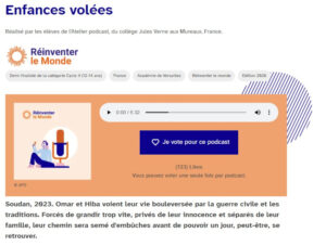 Votez pour le podcast "Enfances volées" des élèves du Collège Jules Verne des Mureaux