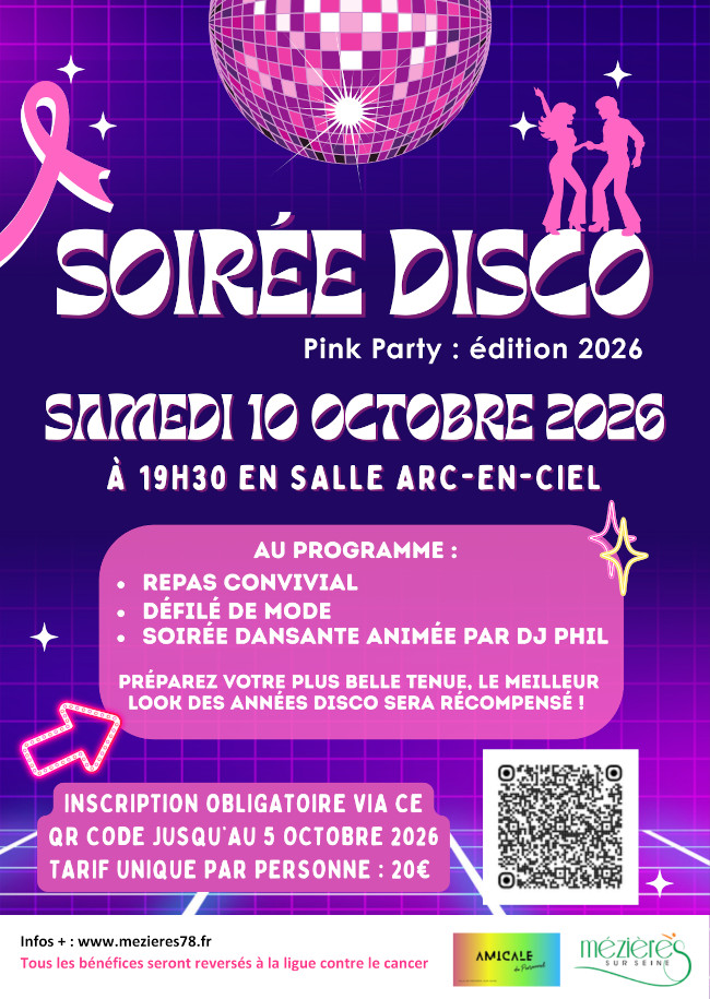 "Pink party", soirée disco à Mézières-sur-Seine (78) au profit de la lutte contre le cancer du sein, le 10/10/2026